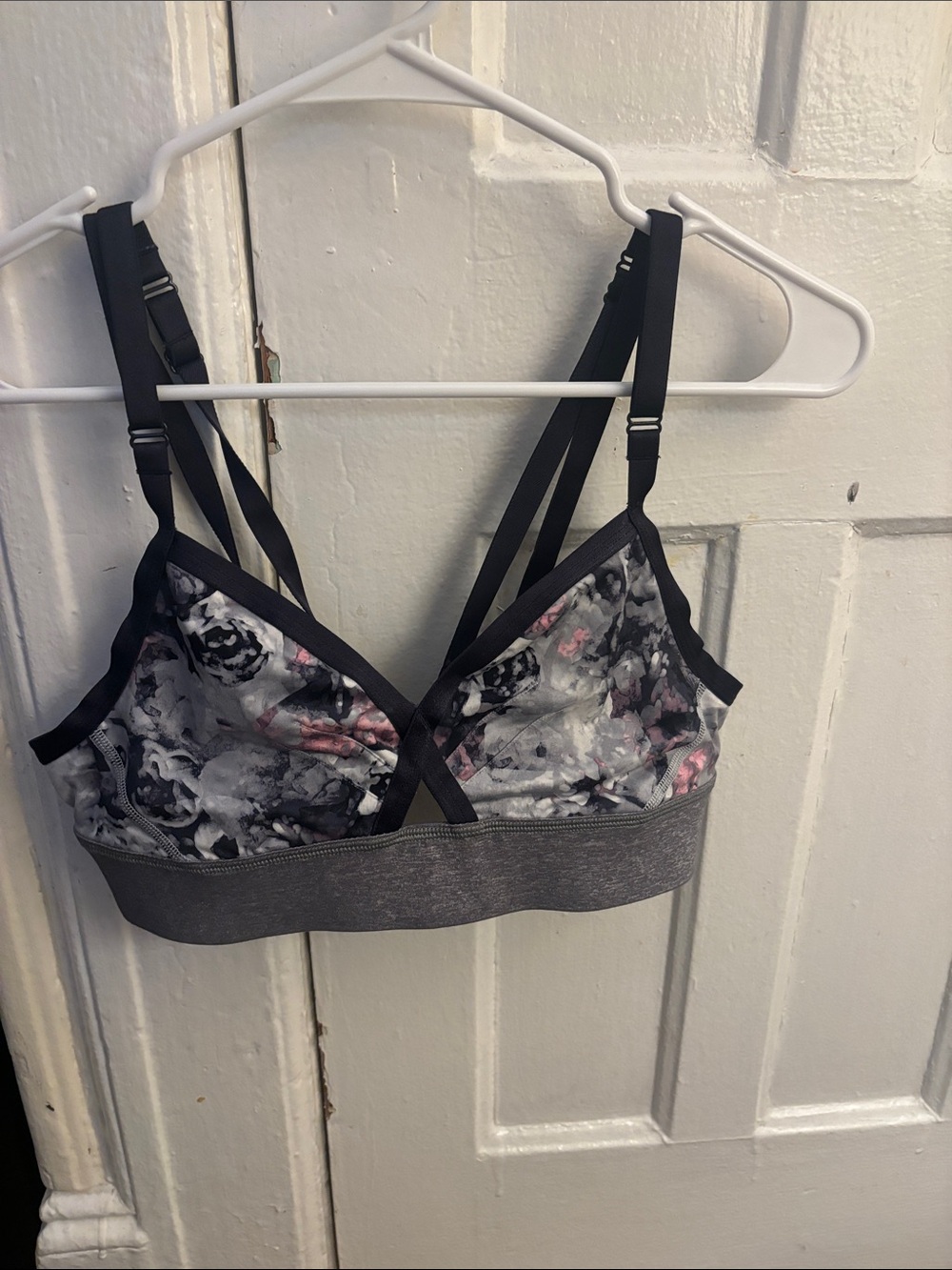 lululemon athletica Floral Strappy Sports Bra in Gray and Pink Accents